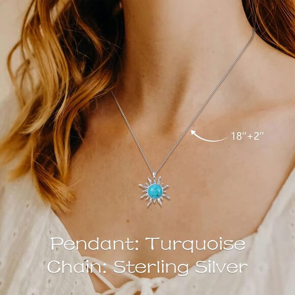 Turquoise Sun Pendant Necklace, Sterling Silver, 18in Chain, Gift for Women - Picture 4 of 6